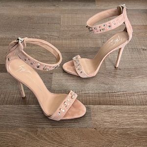 GIUSEPPE ZANOTTI Blush Pink Suede Crystal Embellish Sandal Heel